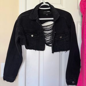 Fashion Nova Cropped Distressed Jean Jacket- Black